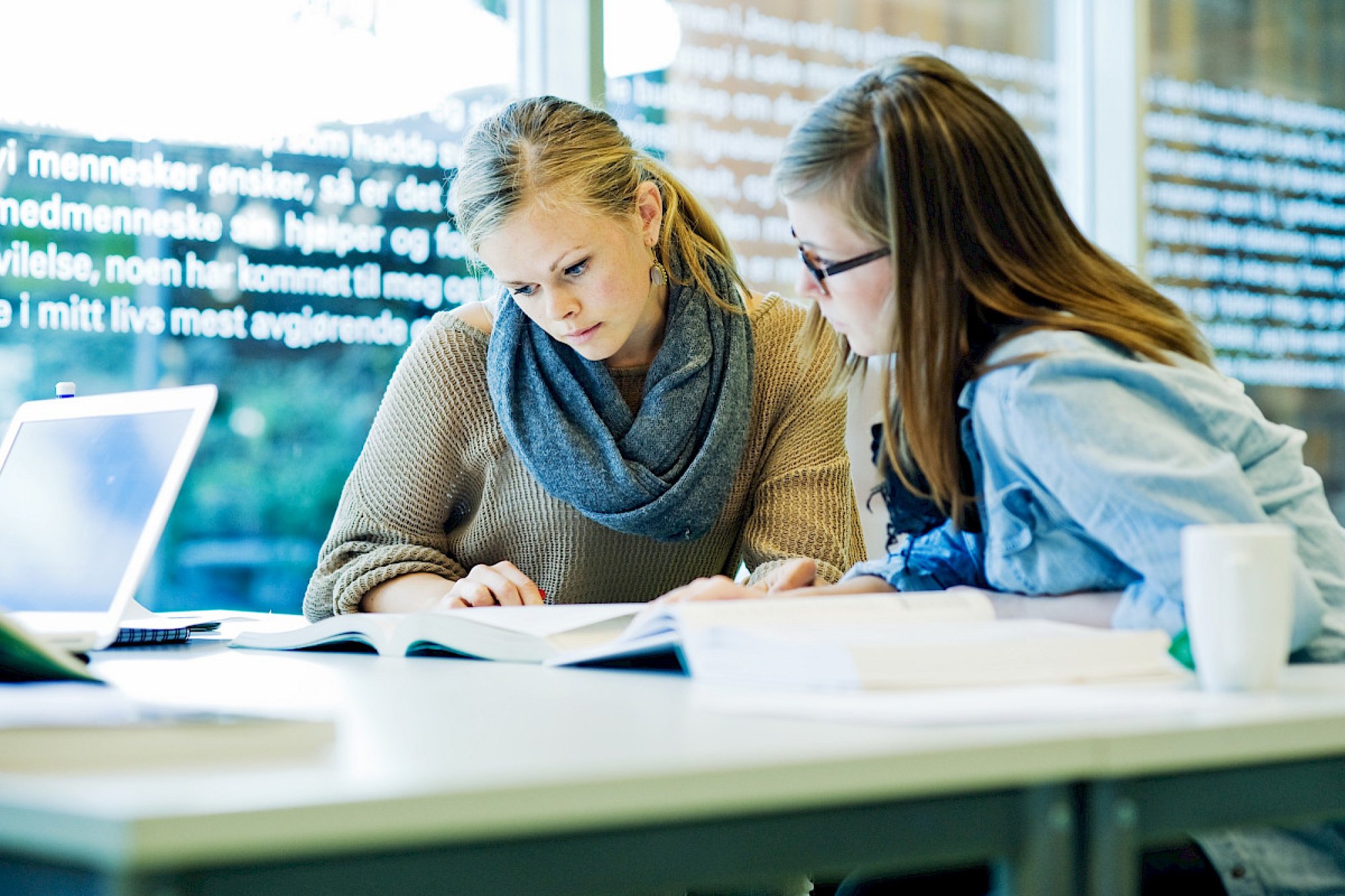 To jenter sitter konsentrert i studier og leser i samme bok